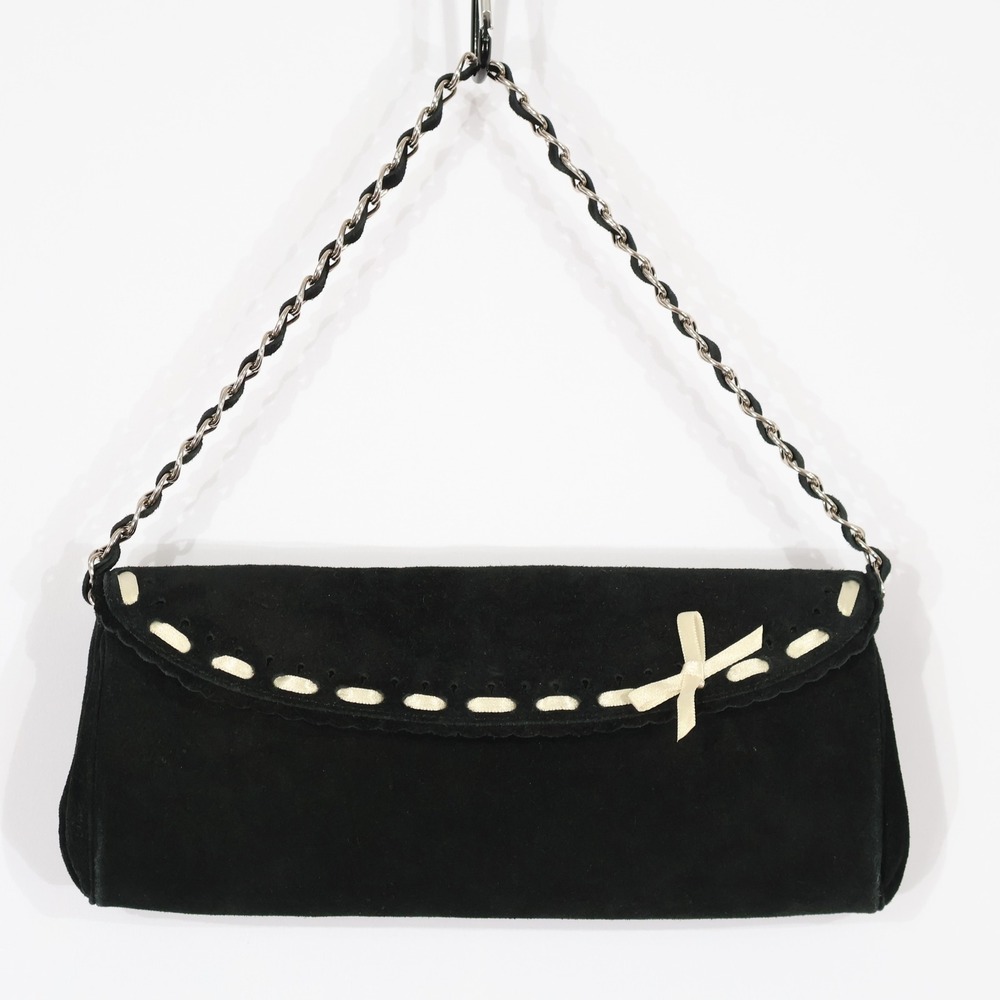 Banana Republic Clutch Bag Women OS Black Suede Whipstitch Bow Twee Evening Chic
